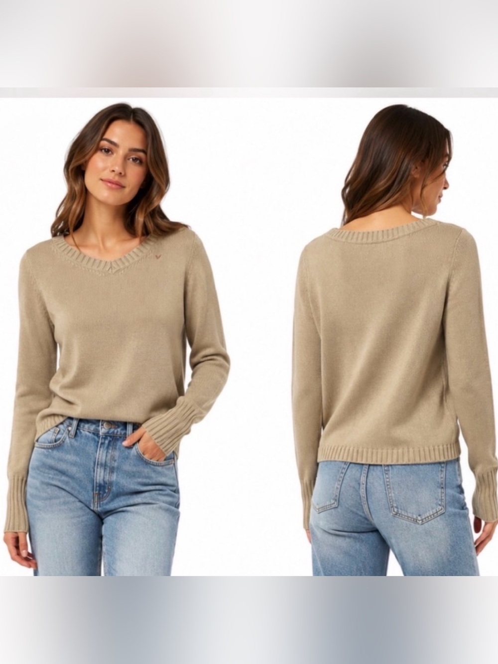 American Eagle Vintage Y2K Preppy Beige Pullover Knit V-Neck Sweater Size Large